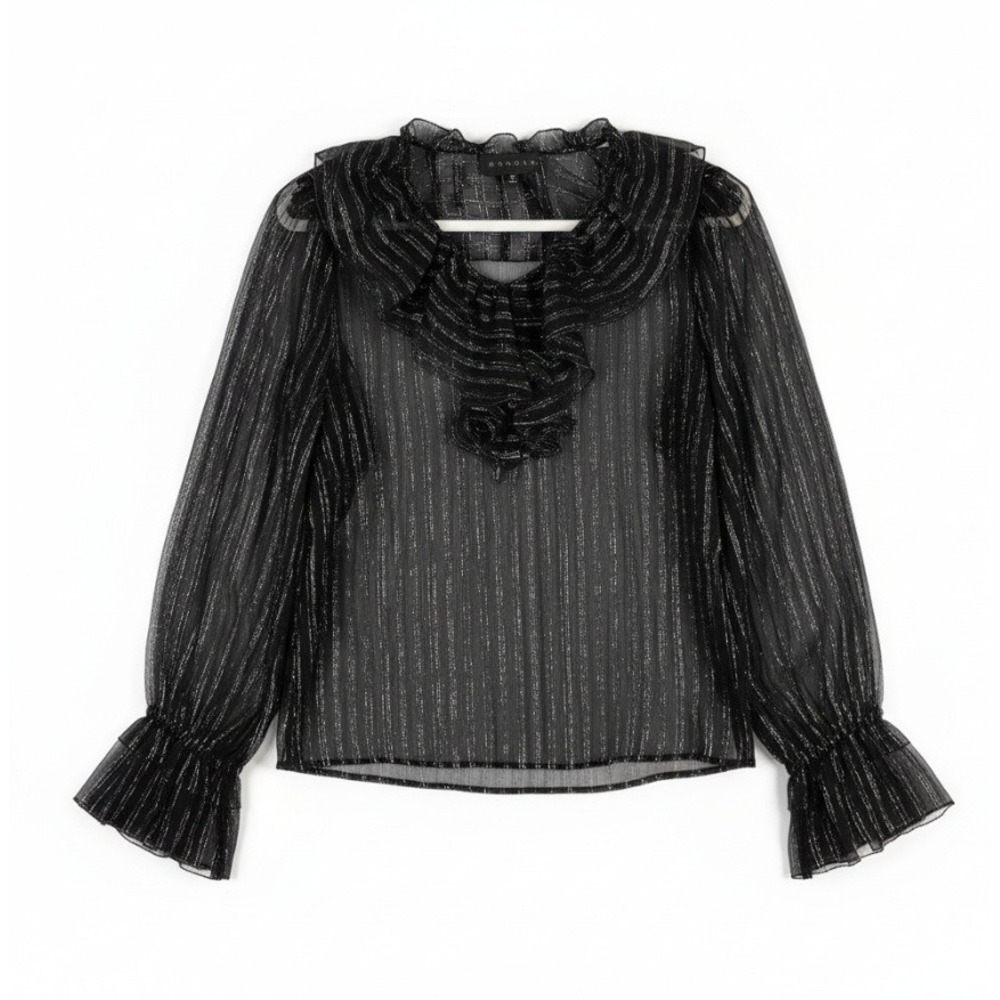 Dundas Silk Striped Ruffle Blouse Black Metallic Sheer Victorian Grunge Size 6